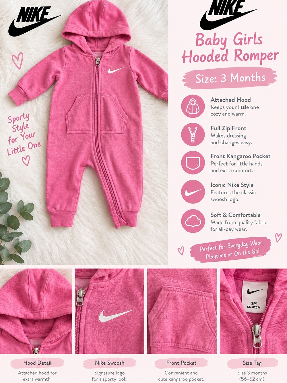 Nike Pink Hooded Baby Romper One-Piece